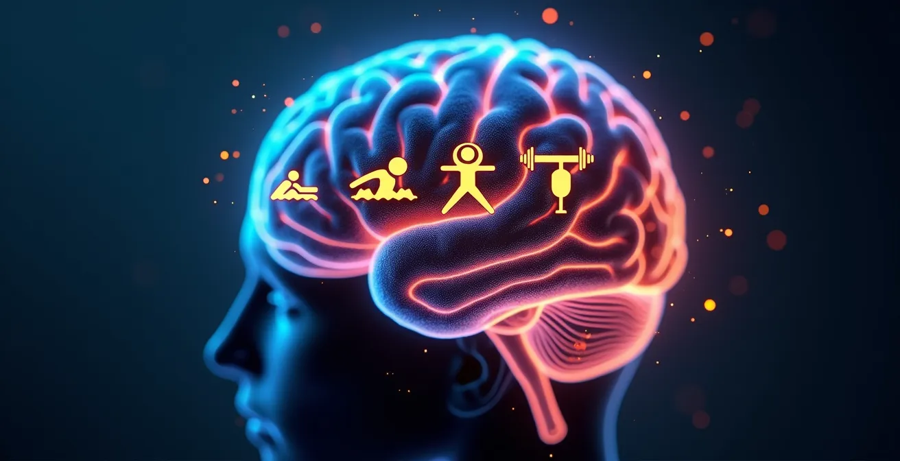 Illustration conceptuelle du cerveau activé par différentes activités sportives